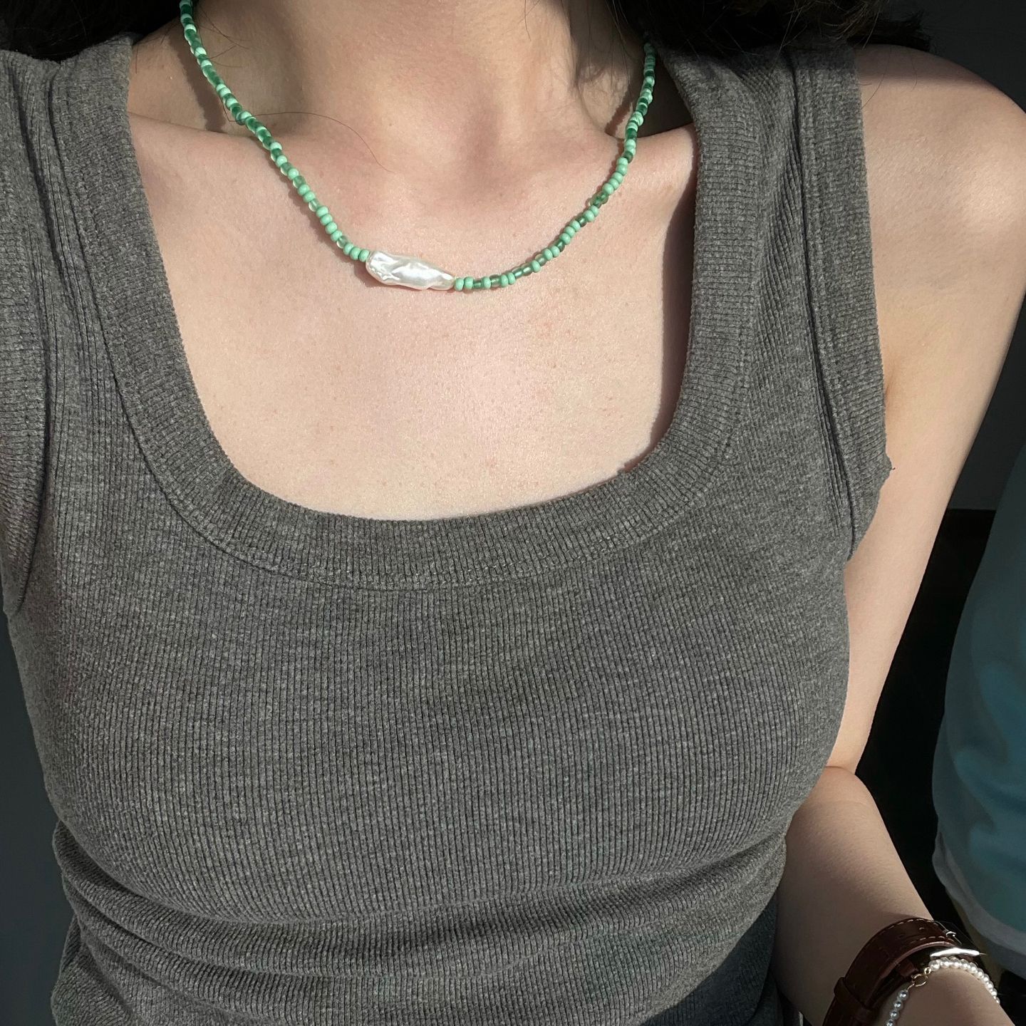 Green Beaded Baroque Freshwater Pearl Necklace
